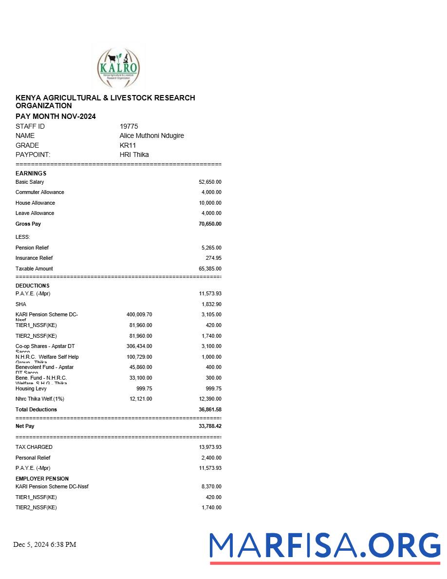 Downloadable Kenya Agricultural and Livestock Research Organization payslip real example